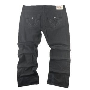 True Religion Jeans Mens 48x31 Black Straight W Flap Distressed Rips Denim